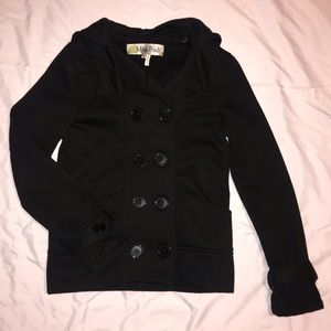 Black fleece pea coat with removable hood